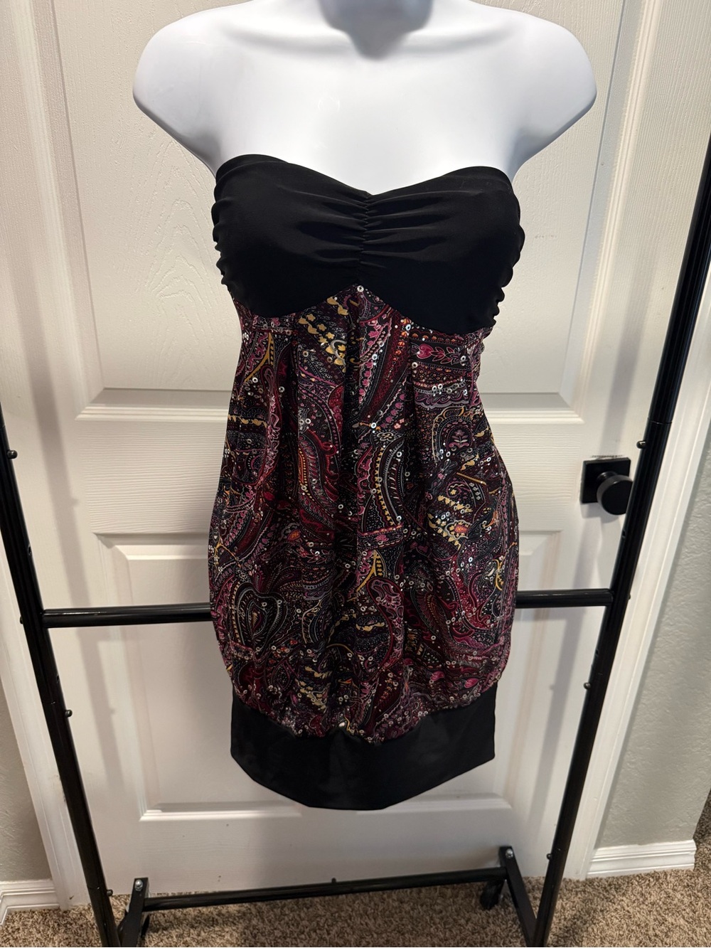 Body Central Strapless Paisley Bubble Hem Dress in Black and Burgundy